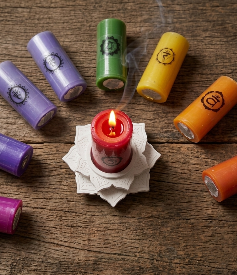 The 7 Chakra Candle set – 7 set of pillar candles, 1 Mandala candle stand or holder