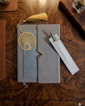 Diary Set - 1 Grey color diary with magnetic closure, 1 Blue pen, 1 Grey color pen case, 1 metal golden color bookmark with tassel