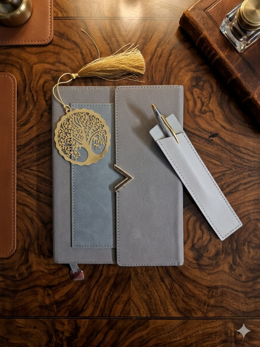Diary Set - 1 Grey color diary with magnetic closure, 1 Blue pen, 1 Grey color pen case, 1 metal golden color bookmark with tassel