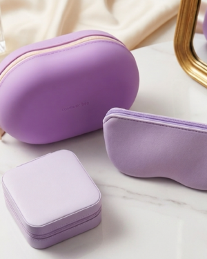 Purple travel Set – 1 silicon cosmetic/multipurpose bag, 1 silicon sunglass case, 1 jewelry organizer case