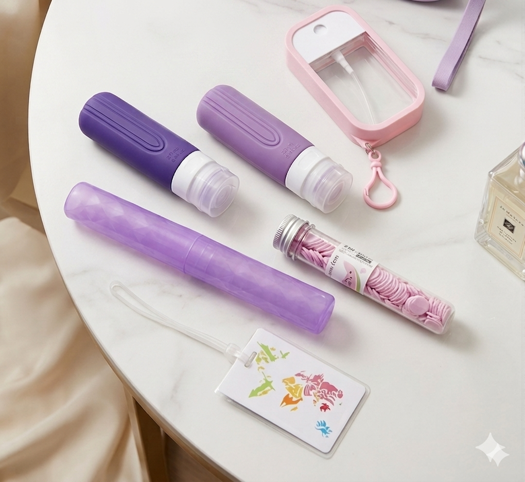 Purple travel kit – 2 silicon bottles, 1 perfume or mist spray bottle, 1 tooth brush holder, 1 watermelon soap paper bottle, 1 travel tag
