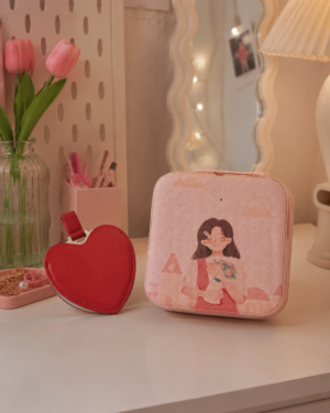 Red heart – 1 Jewelry organizer case and 1 mini face mirror with cover