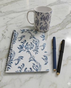 The Blue Floral Mug set - 1 spiral notebook, 1 Ceramic Mug, 1 Blue and 1 Black pen