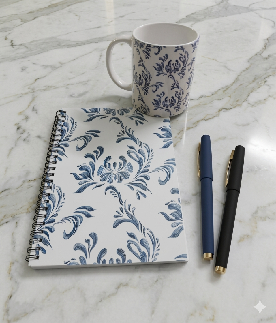 The Blue Floral Mug set - 1 spiral notebook, 1 Ceramic Mug, 1 Blue and 1 Black pen