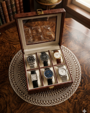 Watch case organizer with placement mat – 1 Brown Color, square shape watch case organizer (6 slots) for men and women, 1 Golden color, round shape placement mat
