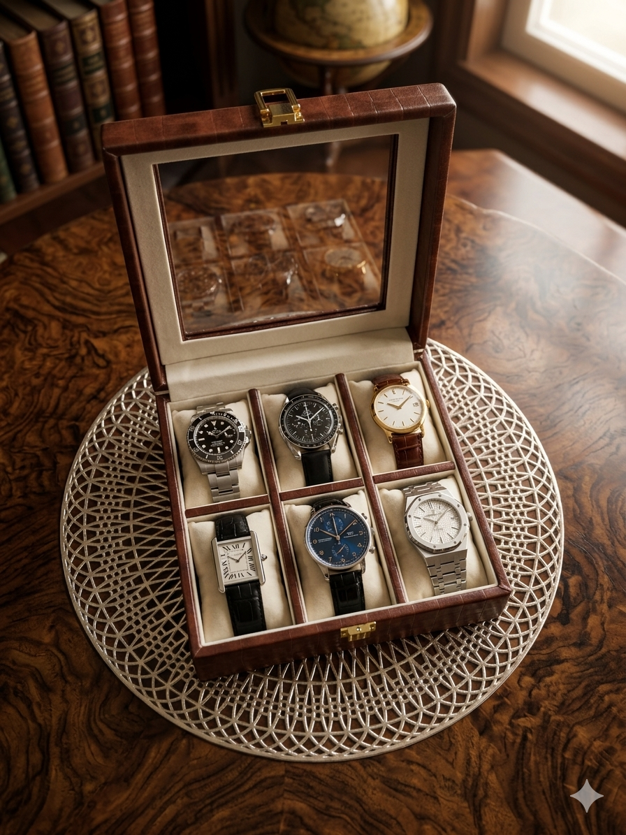 Watch case organizer with placement mat – 1 Brown Color, square shape watch case organizer (6 slots) for men and women, 1 Golden color, round shape placement mat