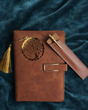 Diary Set - 1 Brown color diary with magnetic closure, 1 Blue pen, 1 Brown color pen case, 1 metal golden color bookmark with tassle