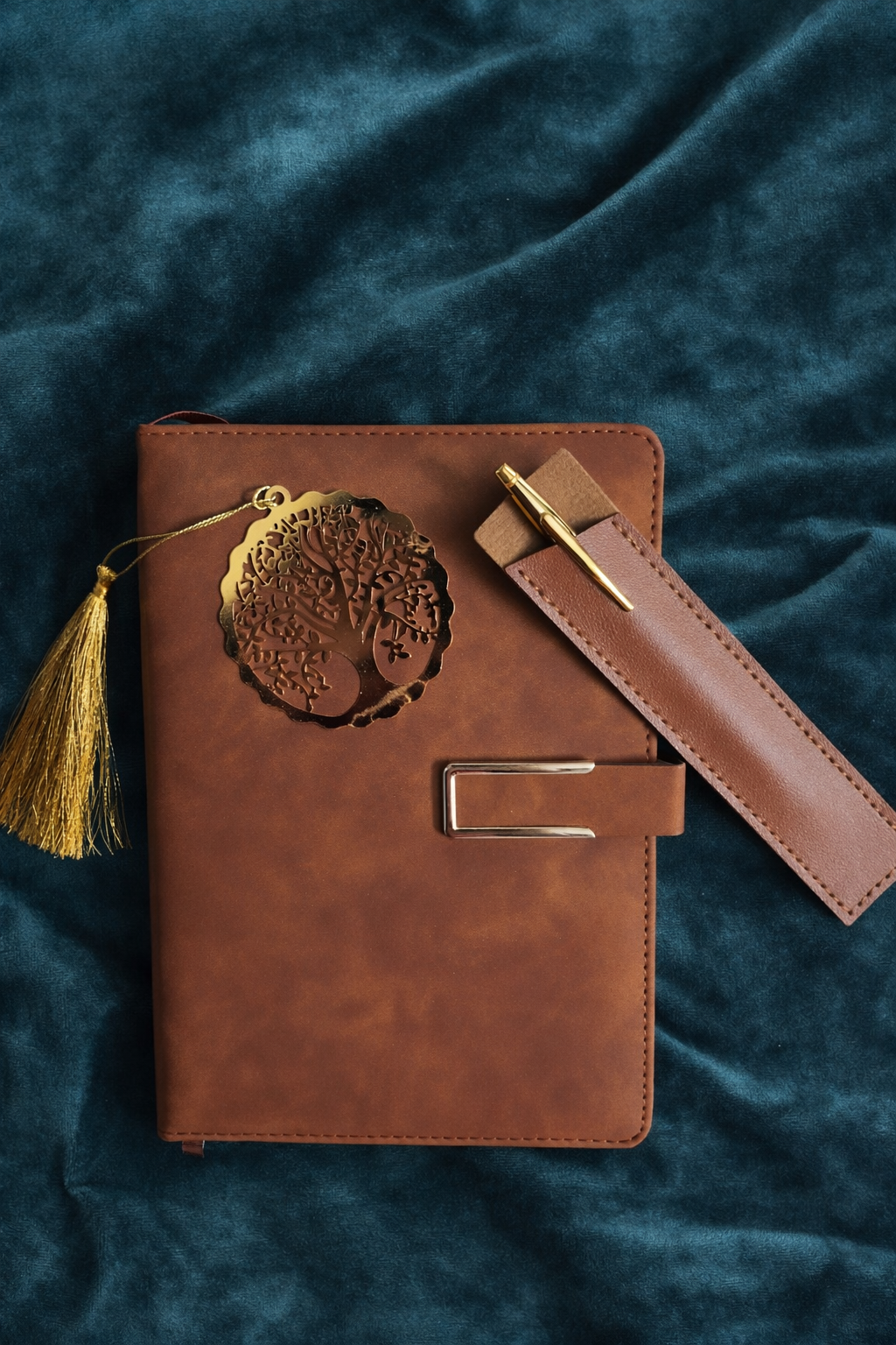Diary Set - 1 Brown color diary with magnetic closure, 1 Blue pen, 1 Brown color pen case, 1 metal golden color bookmark with tassle