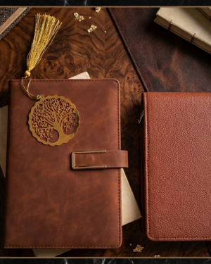 Diary Set - 1 Brown color diary with magnetic closure, 1 Brown color pen case, 1 metal golden color bookmark with tassel