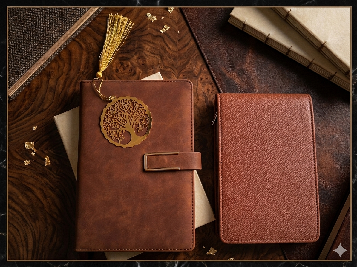 Diary Set - 1 Brown color diary with magnetic closure, 1 Brown color pen case, 1 metal golden color bookmark with tassel