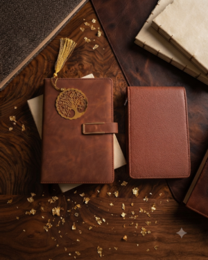 Diary Set - 1 Brown color diary with magnetic closure, 1 Brown color pen case, 1 metal golden color bookmark with tassel