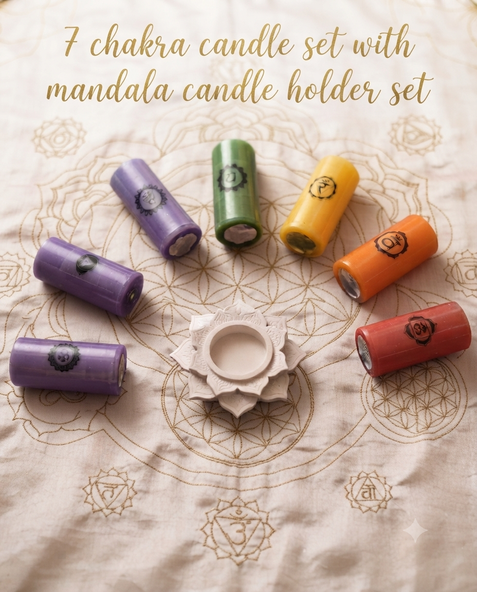 The 7 Chakra Candle set – 7 set of pillar candles, 1 Mandala candle stand or holder