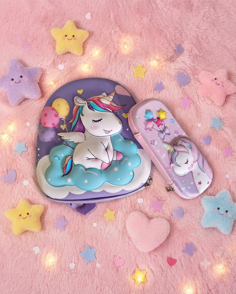 The Happy Unicorn set - 1 Hard Top Unicorn bag, 1 Zipper Unicorn Pencil box