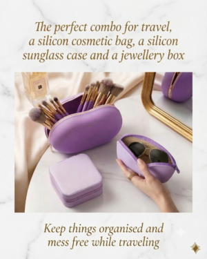 Purple travel Set – 1 silicon cosmetic/multipurpose bag, 1 silicon sunglass case, 1 jewelry organizer case