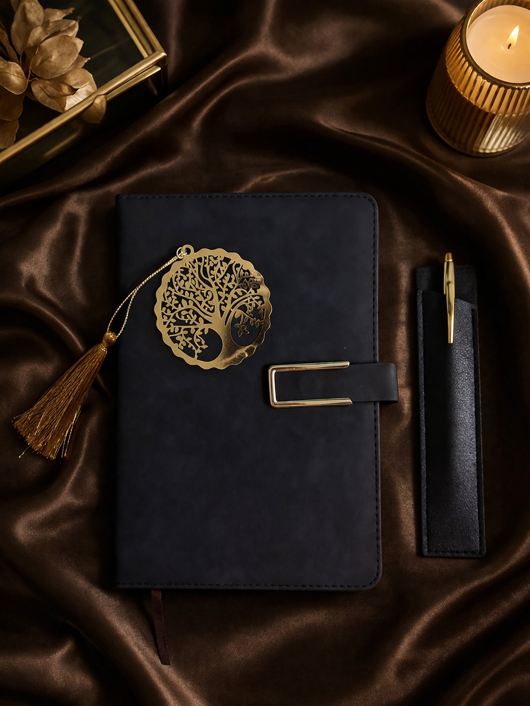 Diary Set - 1 Black color diary with magnetic closure, 1 Blue pen, 1 Black color pen case, 1 metal golden color bookmark with tussel. - Image 2