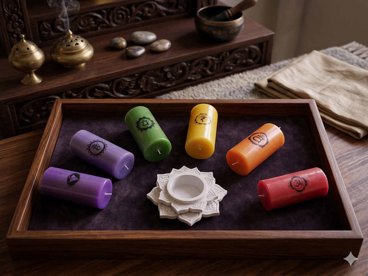 The 7 Chakra Candle set – 7 set of pillar candles, 1 Mandala candle stand or holder - Image 2
