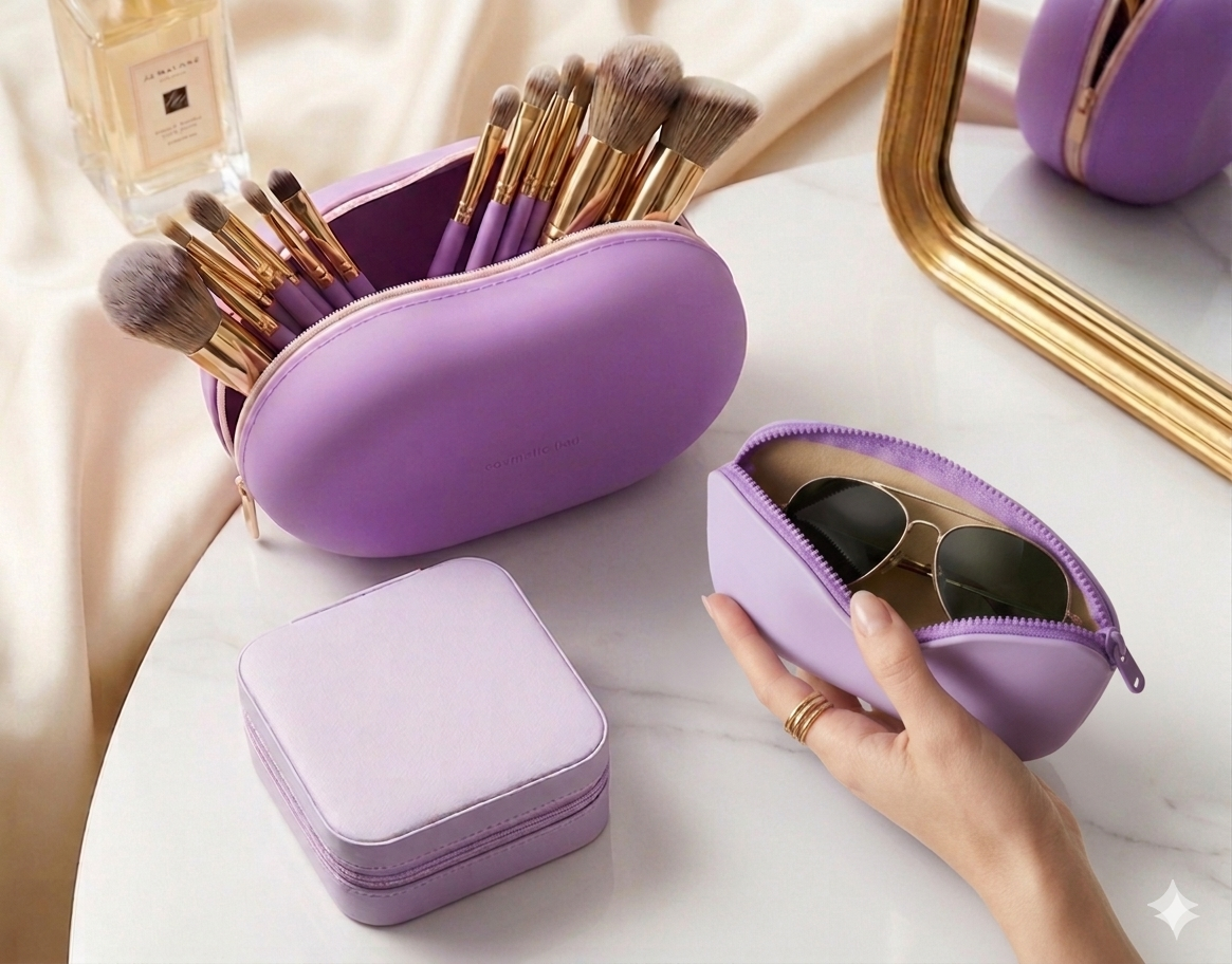 Purple travel Set – 1 silicon cosmetic/multipurpose bag, 1 silicon sunglass case, 1 jewelry organizer case - Image 2