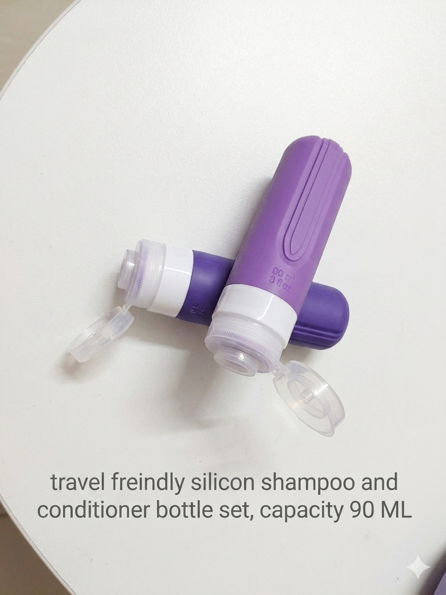 Purple travel kit – 2 silicon bottles, 1 perfume or mist spray bottle, 1 tooth brush holder, 1 watermelon soap paper bottle, 1 travel tag - Image 2