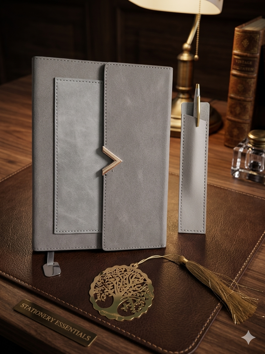 Diary Set - 1 Grey color diary with magnetic closure, 1 Blue pen, 1 Grey color pen case, 1 metal golden color bookmark with tassel - Image 2