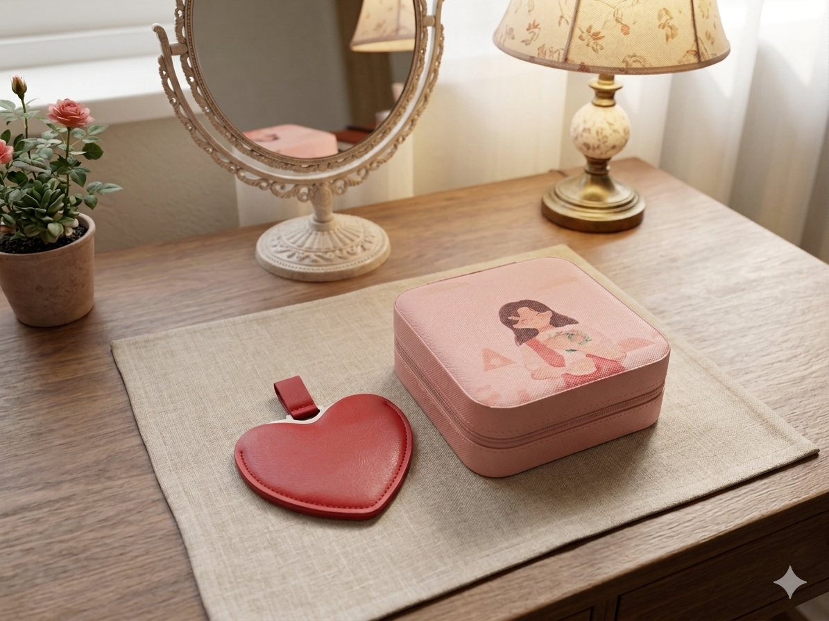 Red heart – 1 Jewelry organizer case and 1 mini face mirror with cover - Image 2