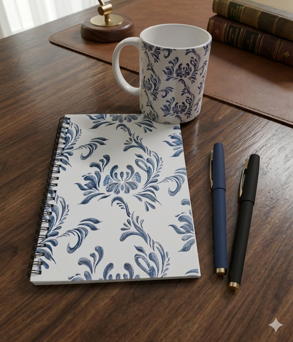 The Blue Floral Mug set - 1 spiral notebook, 1 Ceramic Mug, 1 Blue and 1 Black pen - Image 2