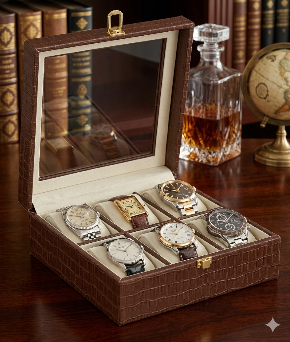 Watch case organizer with placement mat – 1 Brown Color, square shape watch case organizer (6 slots) for men and women, 1 Golden color, round shape placement mat - Image 2