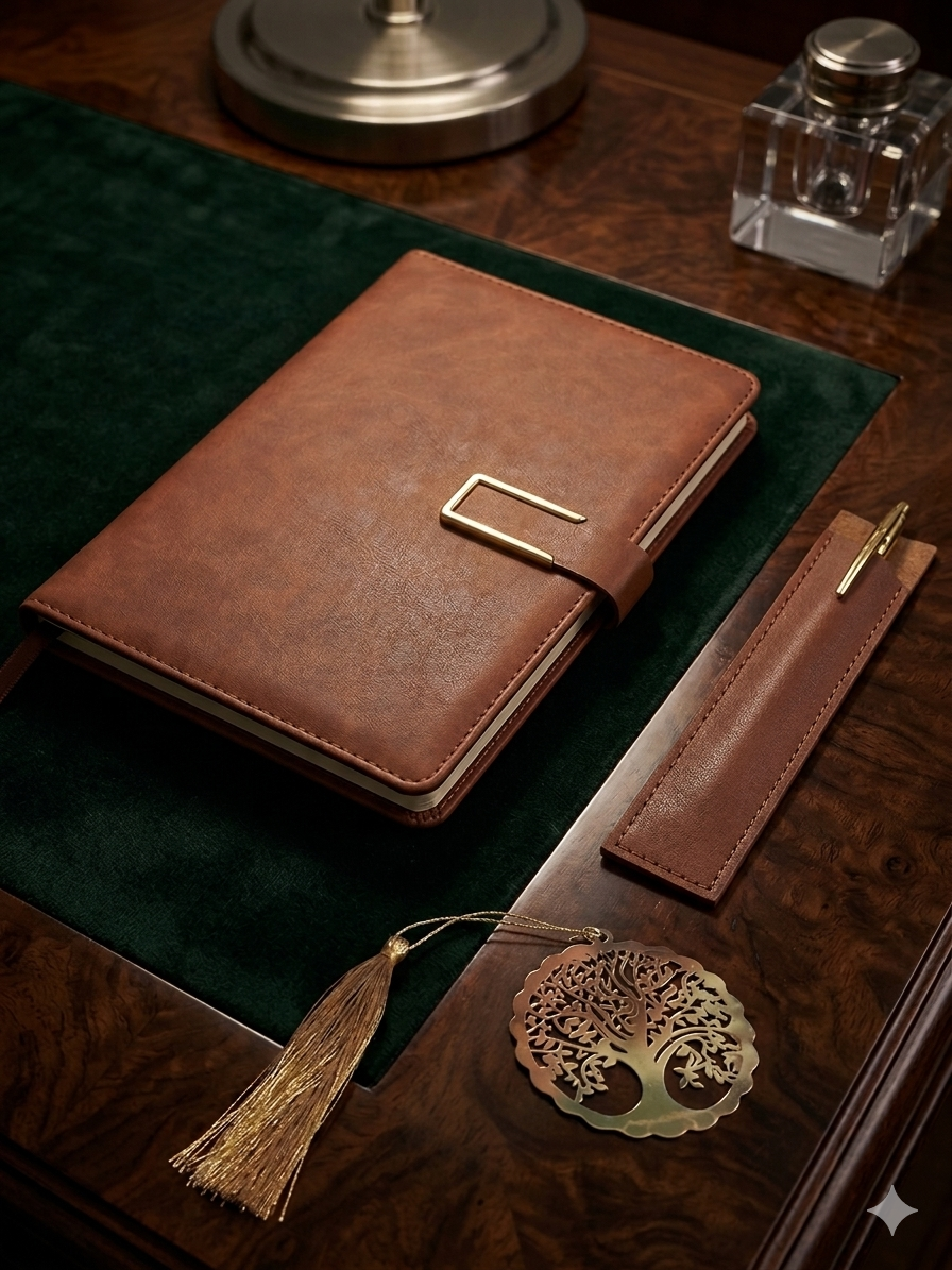 Diary Set - 1 Brown color diary with magnetic closure, 1 Blue pen, 1 Brown color pen case, 1 metal golden color bookmark with tassle - Image 2