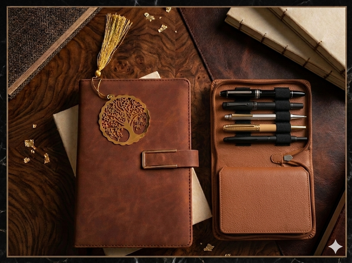 Diary Set - 1 Brown color diary with magnetic closure, 1 Brown color pen case, 1 metal golden color bookmark with tassel - Image 2