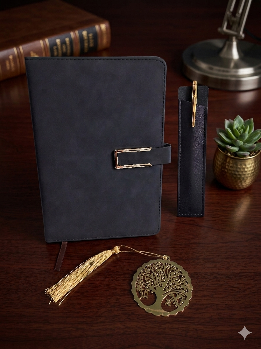 Diary Set - 1 Black color diary with magnetic closure, 1 Blue pen, 1 Black color pen case, 1 metal golden color bookmark with tussel. - Image 3