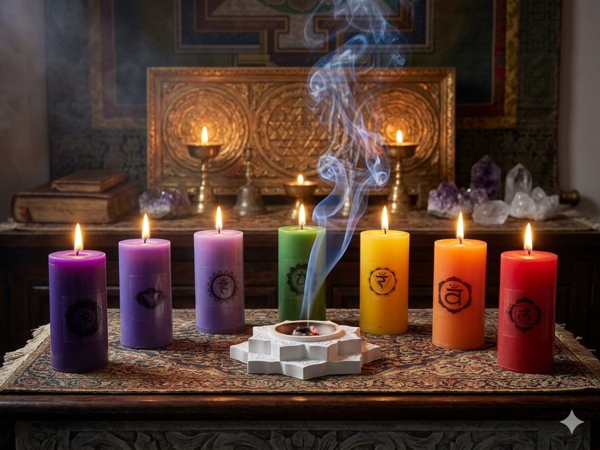 The 7 Chakra Candle set – 7 set of pillar candles, 1 Mandala candle stand or holder - Image 4