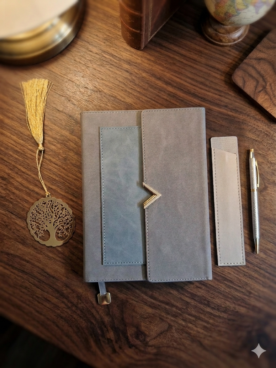 Diary Set - 1 Grey color diary with magnetic closure, 1 Blue pen, 1 Grey color pen case, 1 metal golden color bookmark with tassel - Image 3