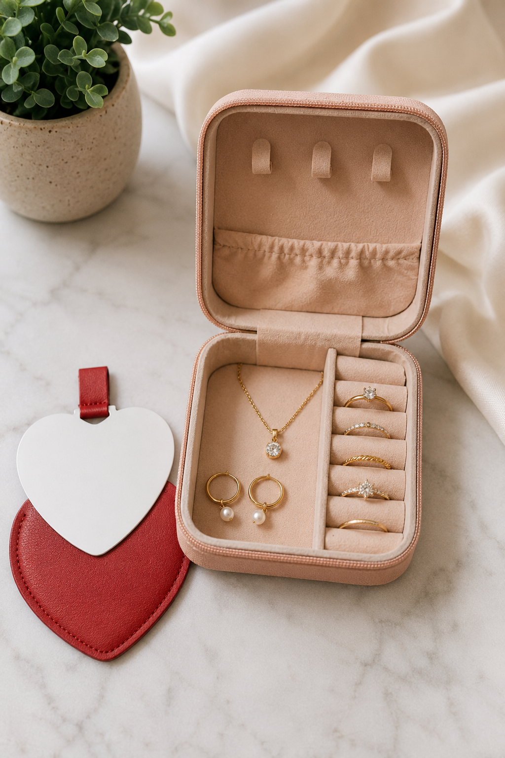 Red heart – 1 Jewelry organizer case and 1 mini face mirror with cover - Image 3
