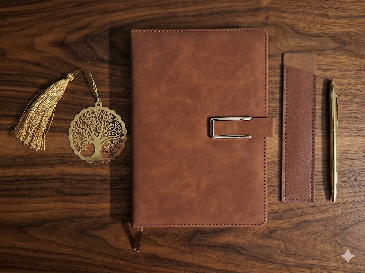 Diary Set - 1 Brown color diary with magnetic closure, 1 Blue pen, 1 Brown color pen case, 1 metal golden color bookmark with tassle - Image 3