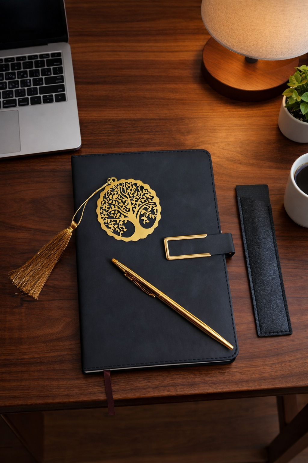 Diary Set - 1 Black color diary with magnetic closure, 1 Blue pen, 1 Black color pen case, 1 metal golden color bookmark with tussel. - Image 4