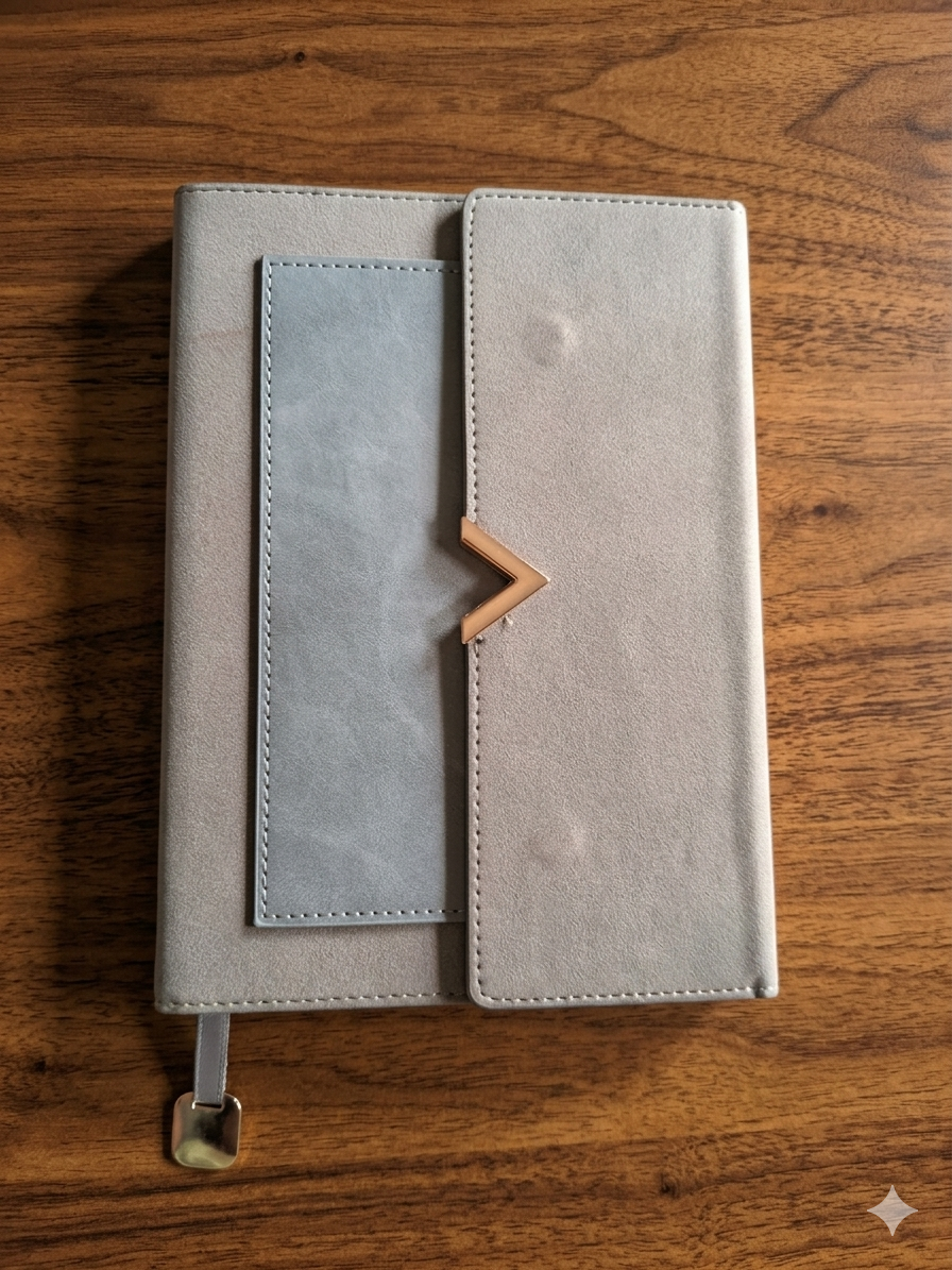 Diary Set - 1 Grey color diary with magnetic closure, 1 Blue pen, 1 Grey color pen case, 1 metal golden color bookmark with tassel - Image 4