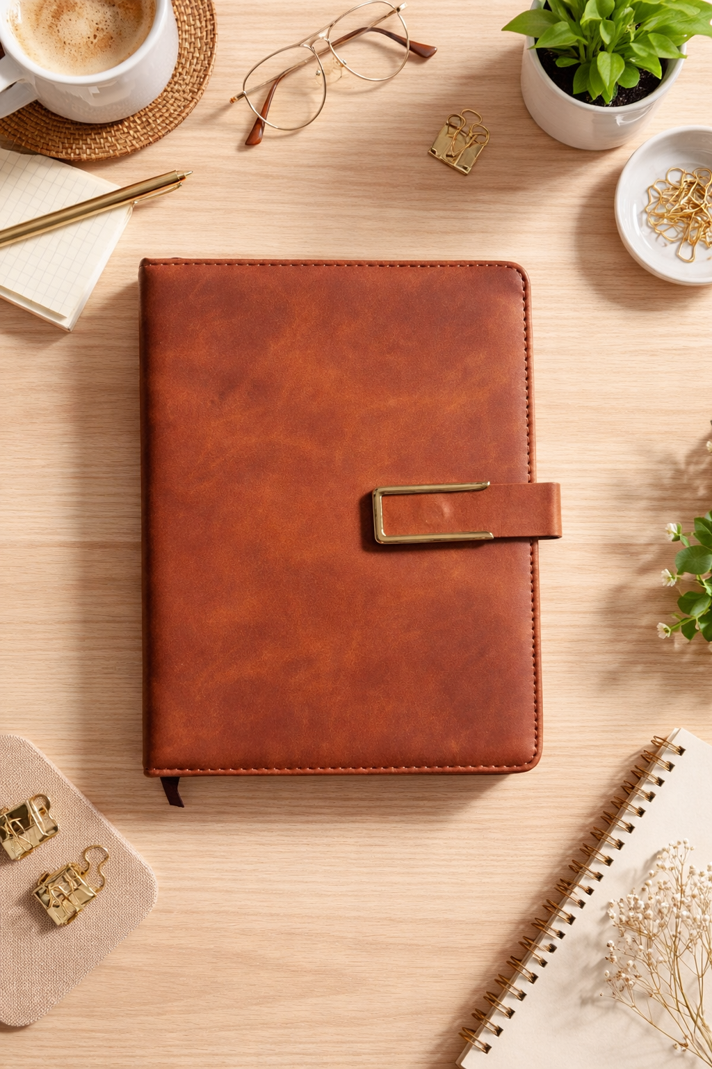 Diary Set - 1 Brown color diary with magnetic closure, 1 Blue pen, 1 Brown color pen case, 1 metal golden color bookmark with tassle - Image 4