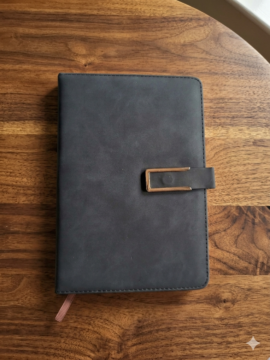 Diary Set - 1 Black color diary with magnetic closure, 1 Blue pen, 1 Black color pen case, 1 metal golden color bookmark with tussel. - Image 5