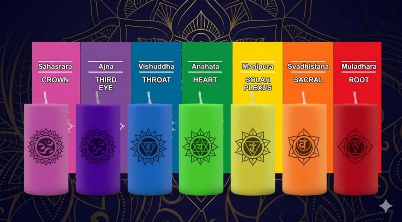 The 7 Chakra Candle set – 7 set of pillar candles, 1 Mandala candle stand or holder - Image 5