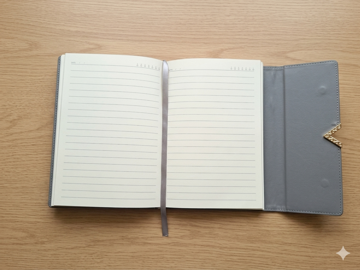 Diary Set - 1 Grey color diary with magnetic closure, 1 Blue pen, 1 Grey color pen case, 1 metal golden color bookmark with tassel - Image 5