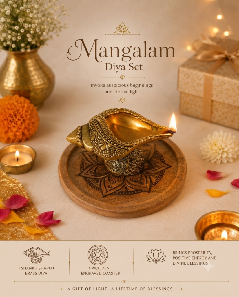 Brass diya and tray set