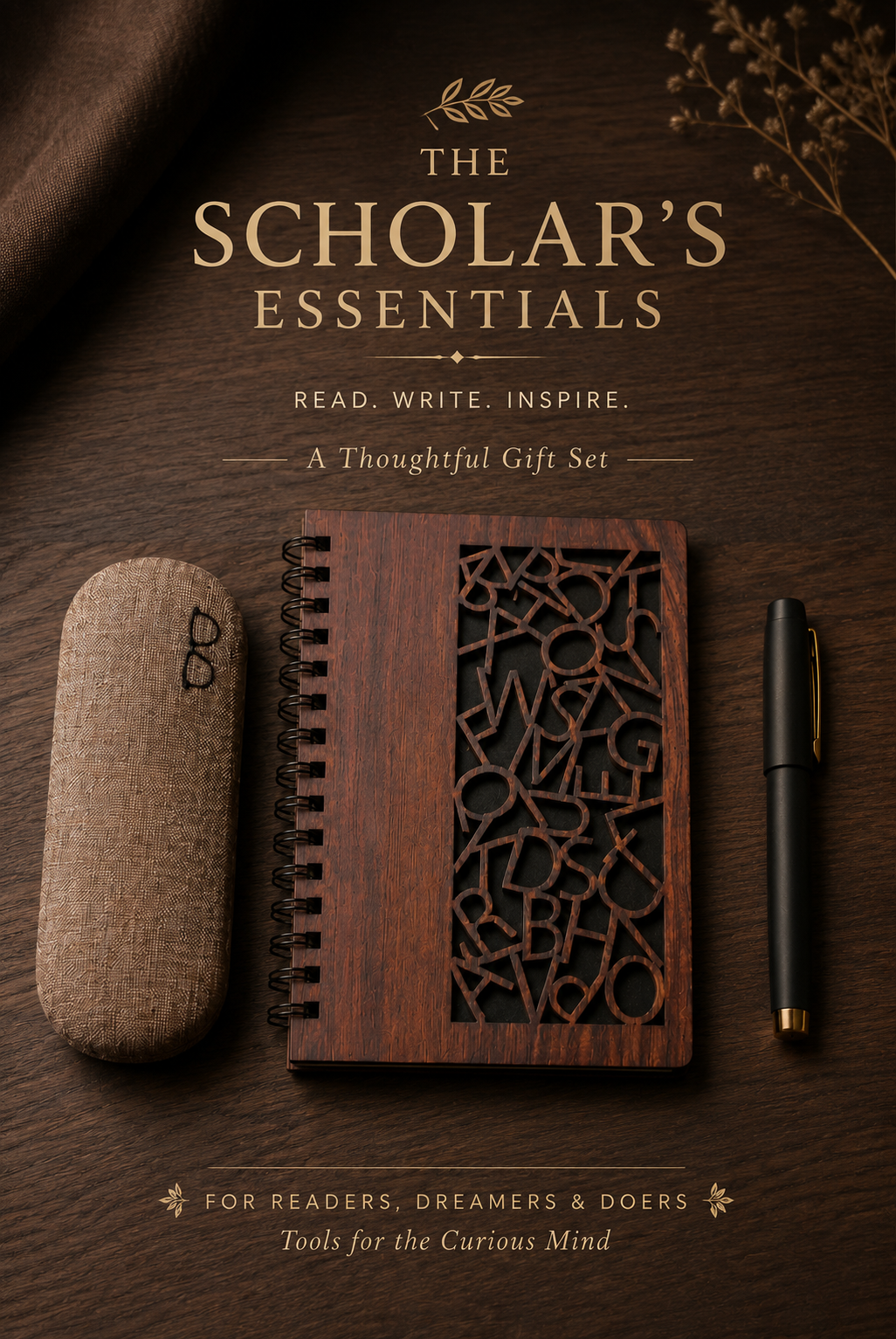 Wooden notebook and reading glass case set