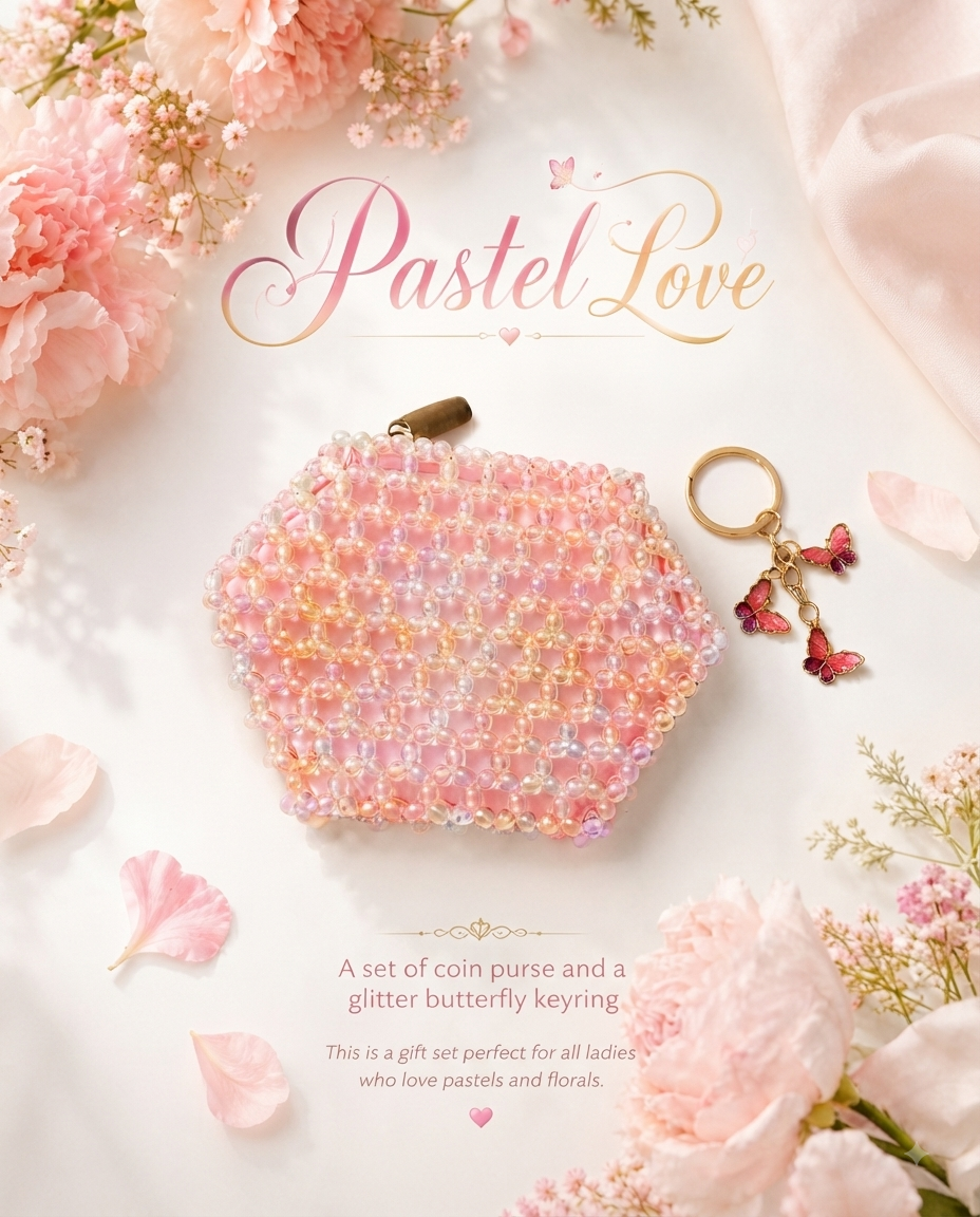 Pink embellished beads multipurpose purse set