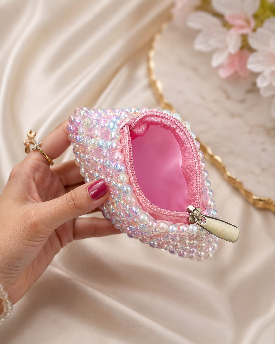 Pink embellished beads multipurpose purse set - Image 4