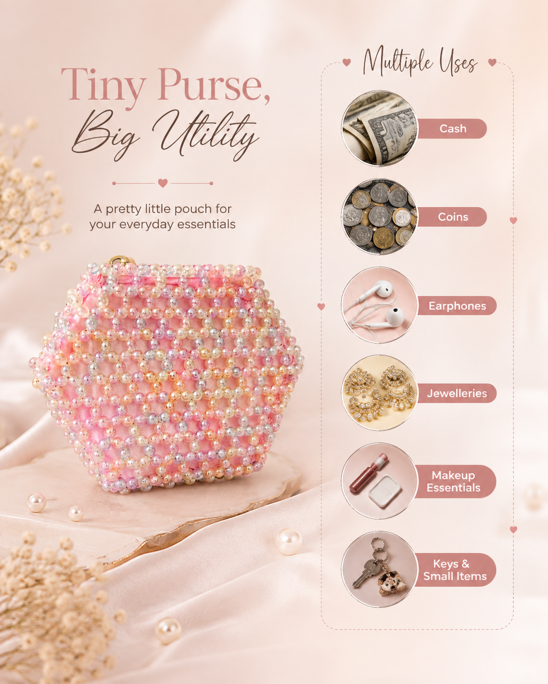 Pink embellished beads multipurpose purse set - Image 5