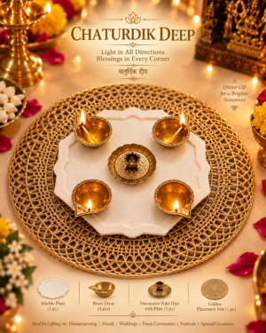 Four-sided marble plate and brass diya set