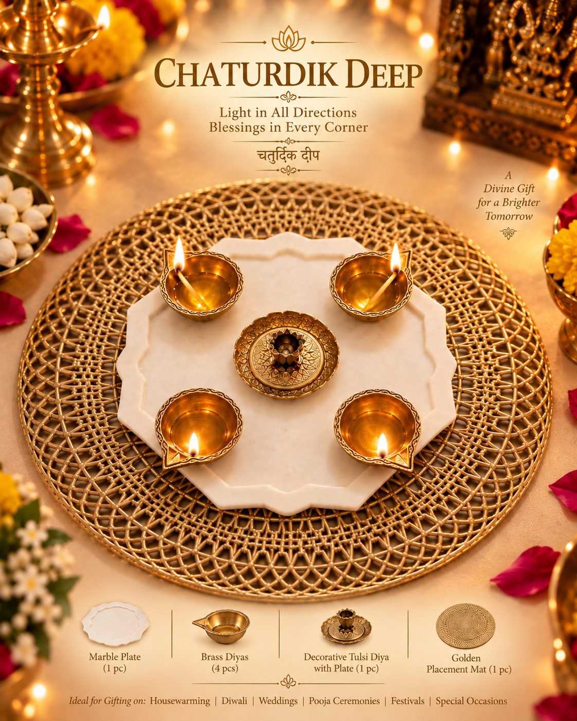 Four-sided marble plate and brass diya set