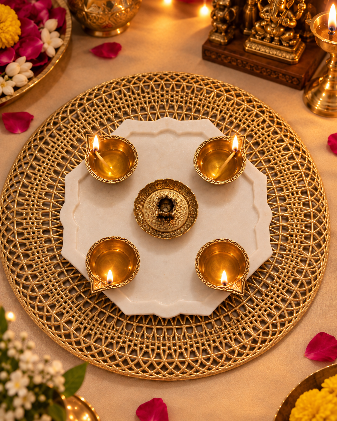 Four-sided marble plate and brass diya set - Image 2