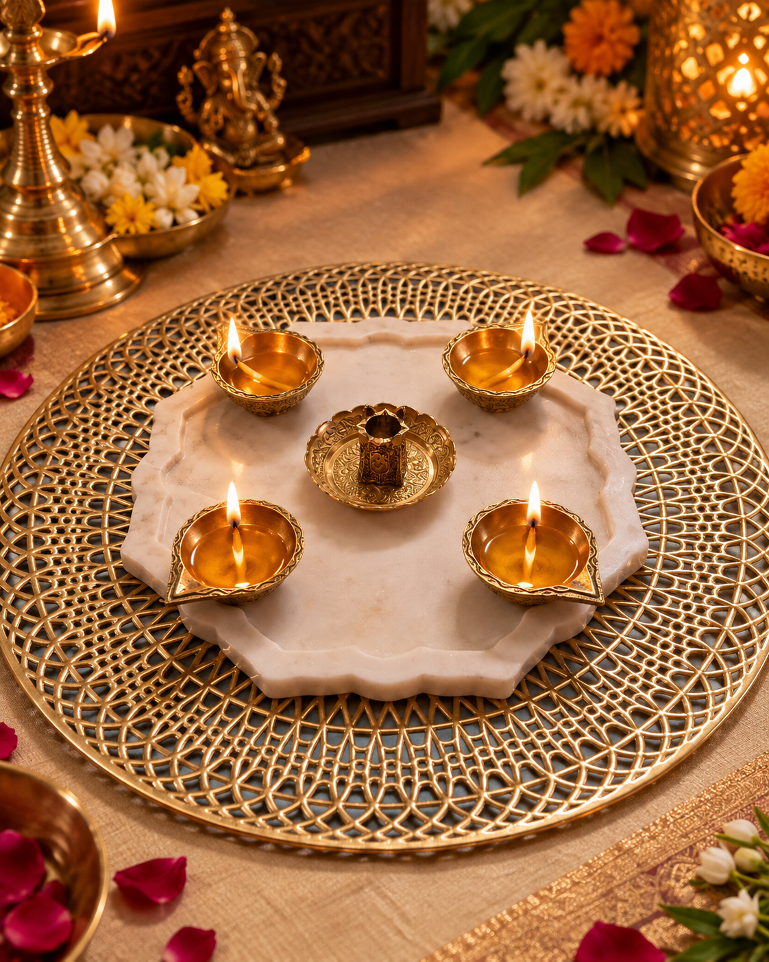 Four-sided marble plate and brass diya set - Image 3