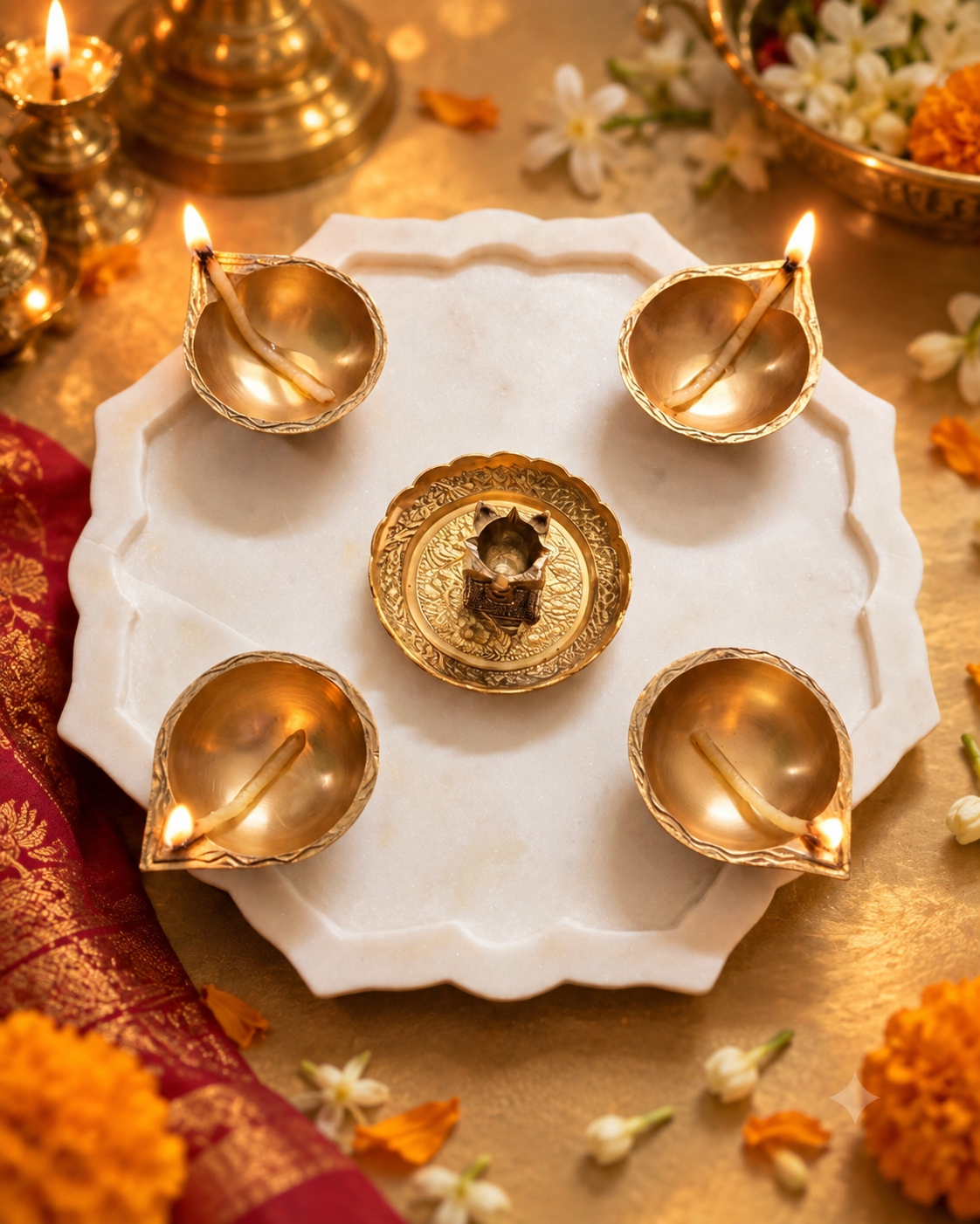 Four-sided marble plate and brass diya set - Image 4