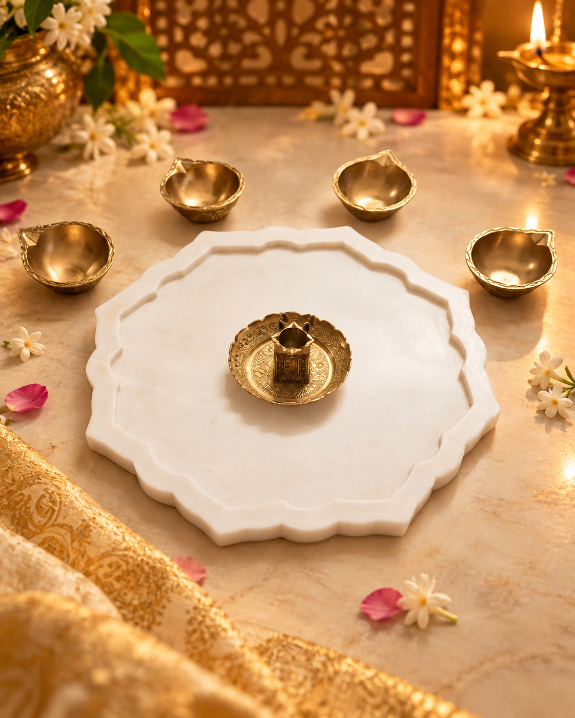 Four-sided marble plate and brass diya set - Image 5